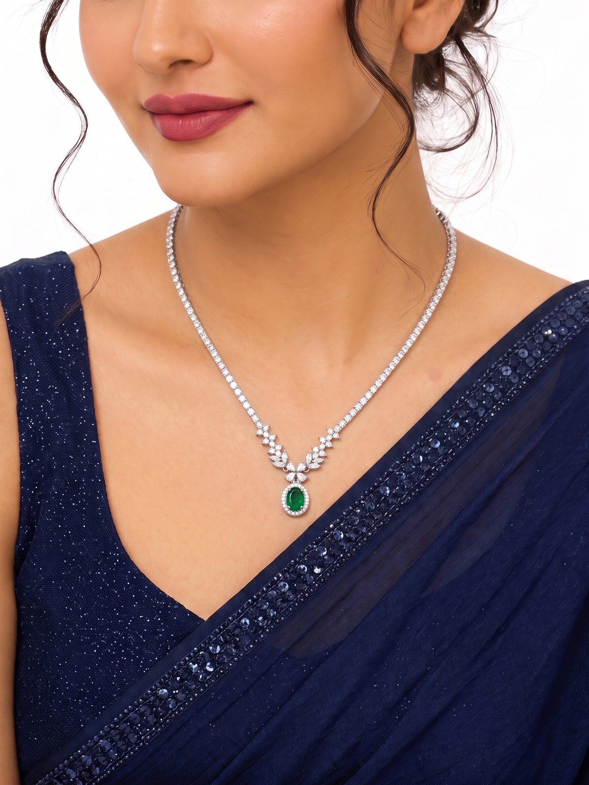 Ritika Green Emerald  Floral Silver Women's Chain Pendant Necklace 