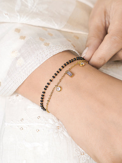 Rivaya Trio Pink Stone 18K Gold Plated Layered Mangalsutra Bracelet
