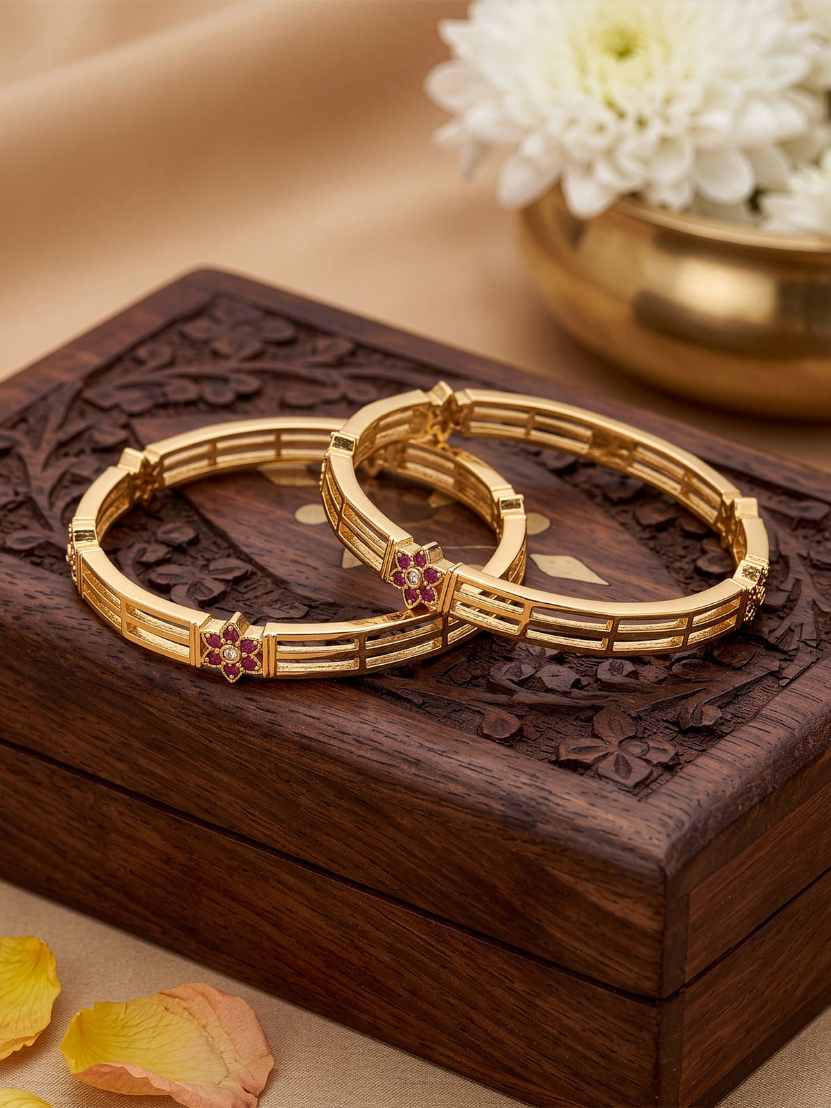 Ruchika Floral Bar Gold Set Of 2 Women's 2/4, 2/6, 2/8  Bangles