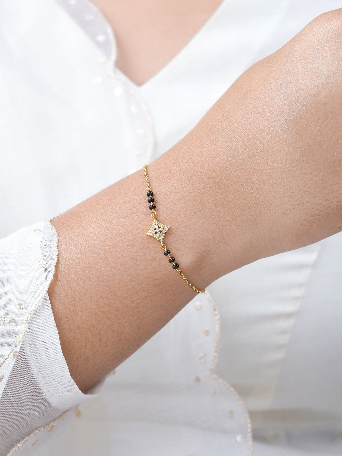 Ruhika Square Diamond Cluster Sparkling Charm 18K Gold Plated Mangalsutra Bracelet