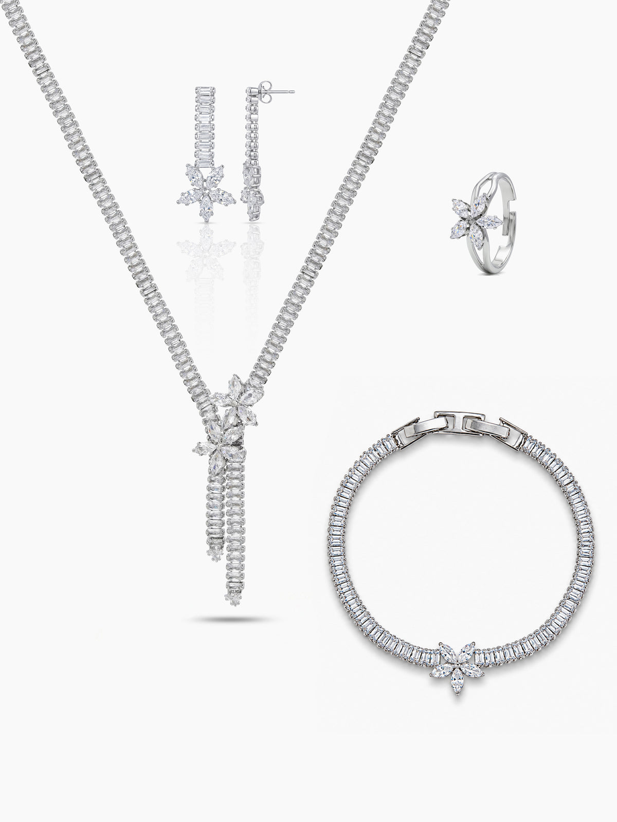 Sahira Baguette Floral Diamond Silver Women's Jewelry Set Of 4 - Necklace, Ring, Bracelet & Earrings