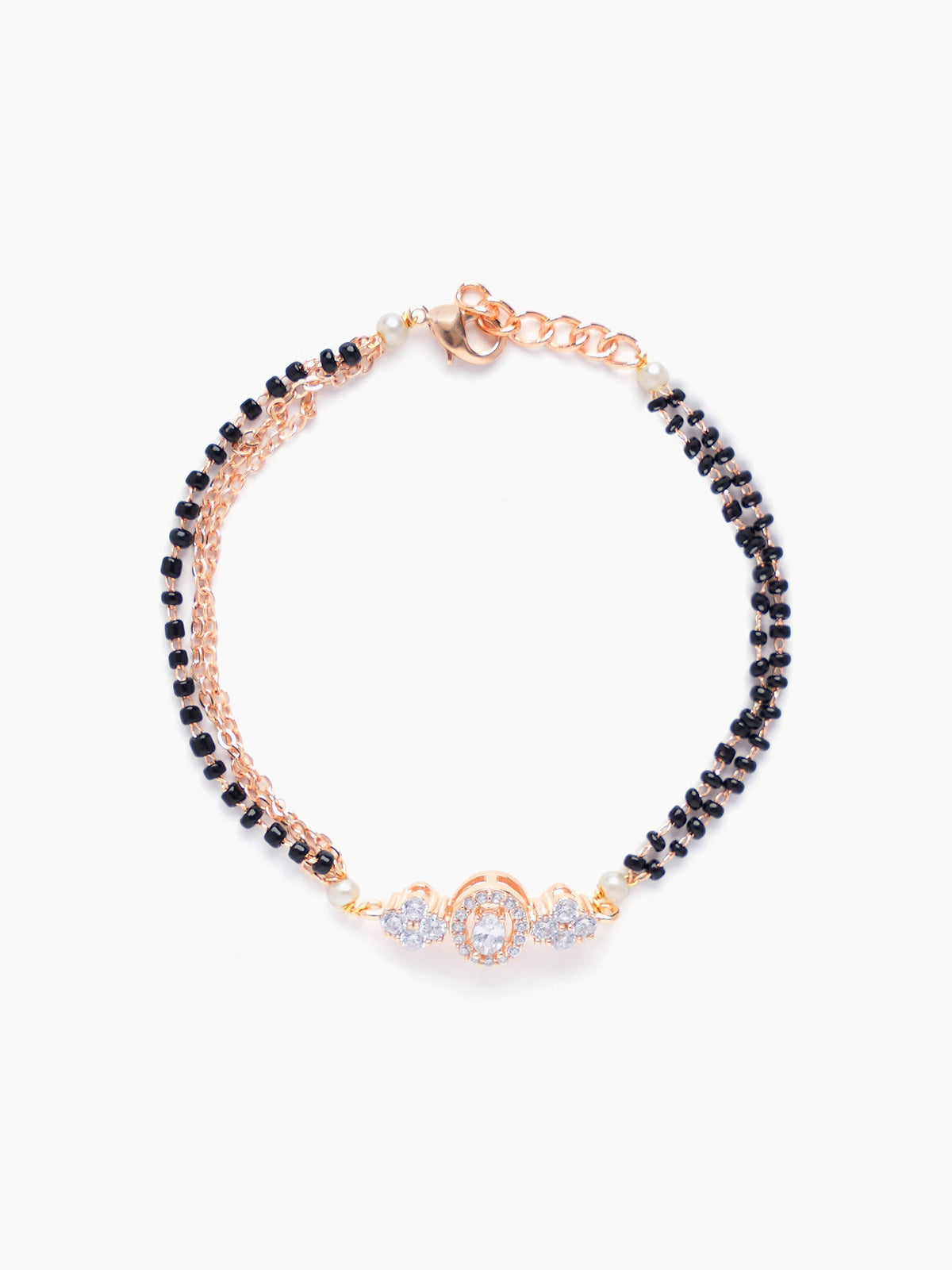 Sakhi Sparkling Diamonds Flower Charm Double Layered Rosegold Plated Mangalsutra Bracelet
