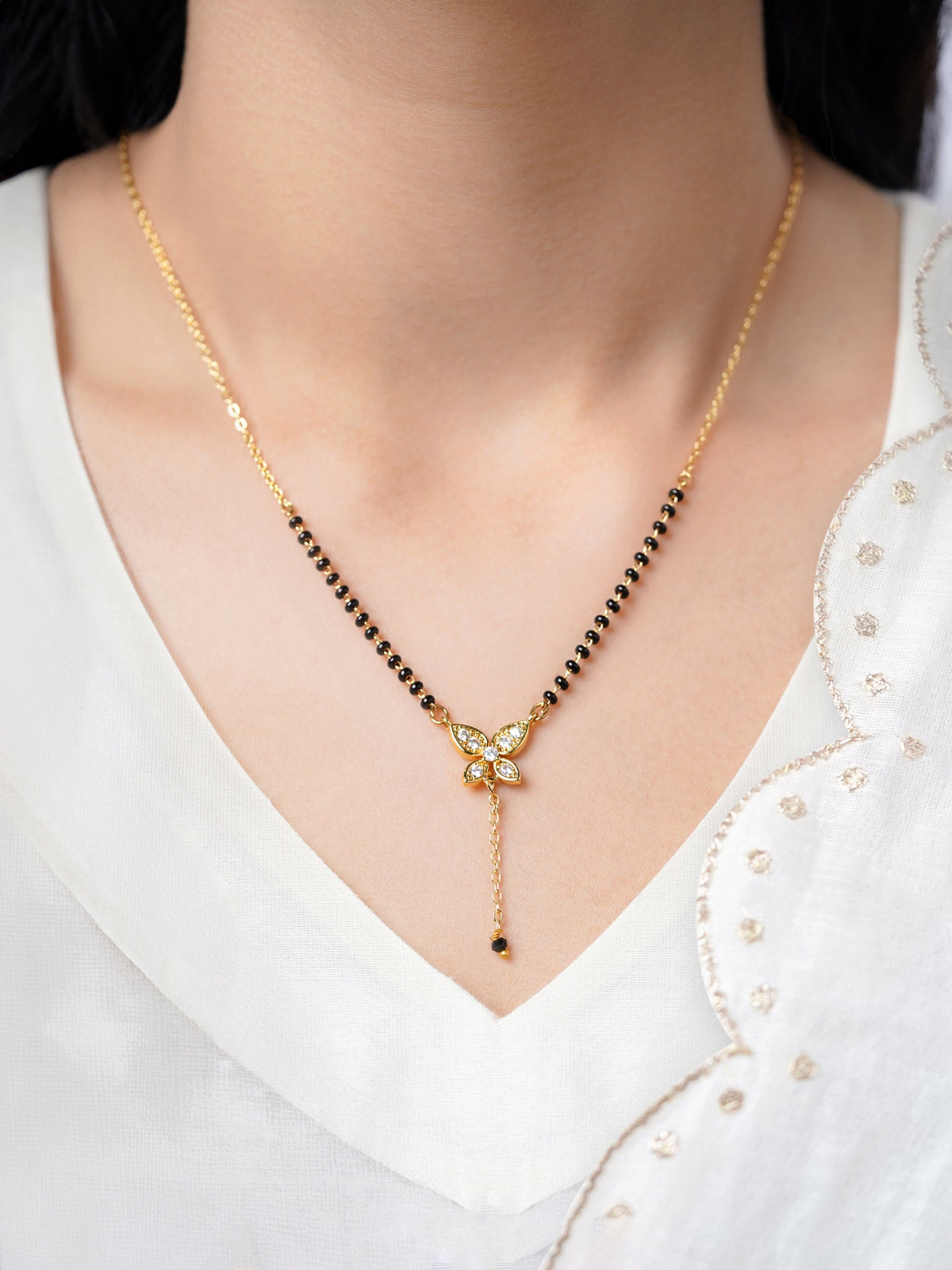 Samaira Butterfly Drop Chain Y-Shaped Diamond 18K Gold Plated Pendant Mangalsutra