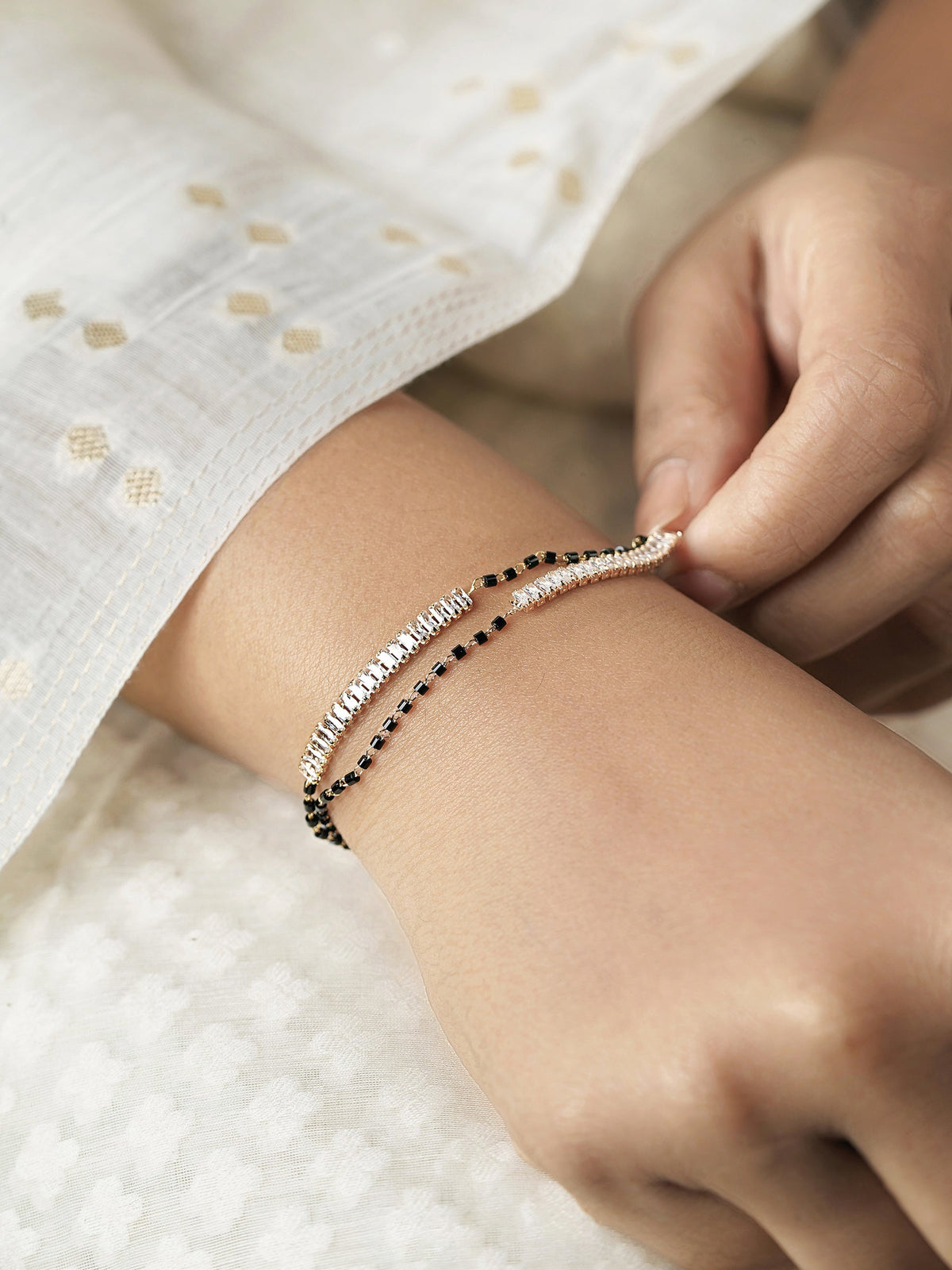 Samiha Baguette Diamond White Dual-Chain 18K Gold Plated  Mangalsutra Bracelet