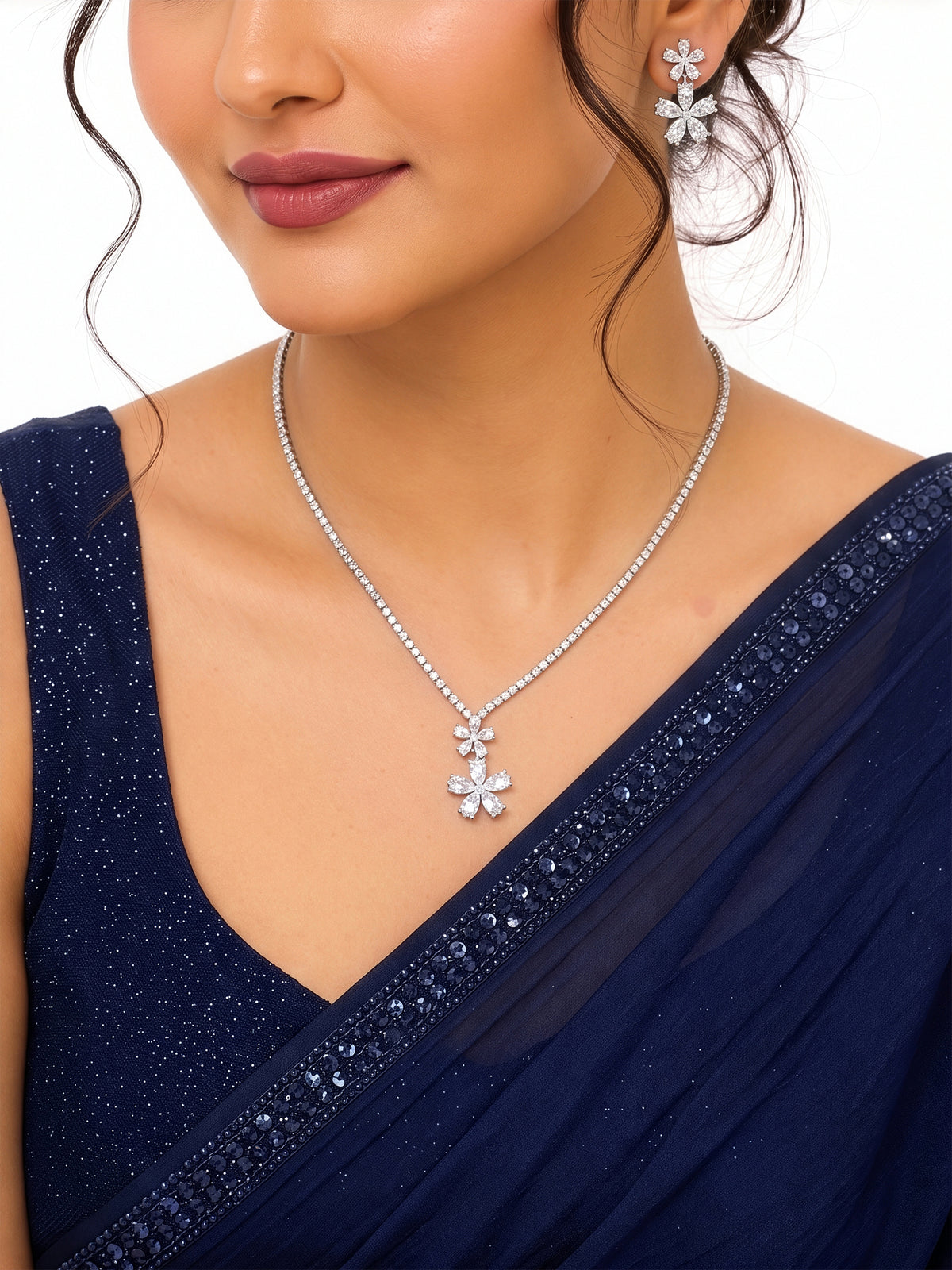 Shivani Floral Diamond Silver Women's Jewelry Set Of 2 - Necklace & Earrings