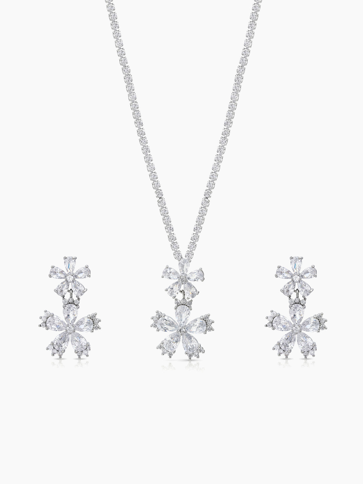 Shivani Floral Diamond Silver Women's Jewelry Set Of 2 - Necklace & Earrings