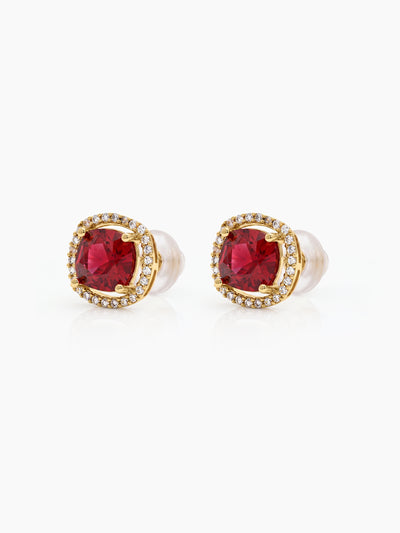 Shloka Solitaire Halo Red - Gold Women's Stud Earrings