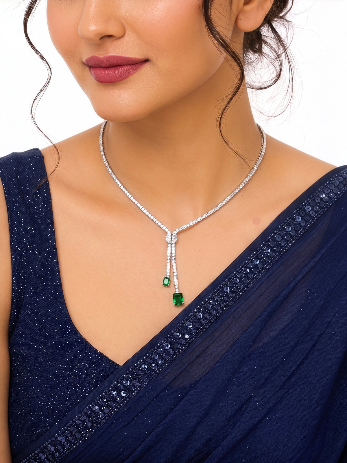 Sohini Emerald Baguette Diamond Green - Silver Necklace