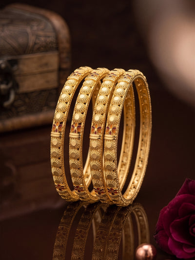 Vaani Sunflower Motif Gold Set Of 4 Women's 2/4, 2/6, 2/8 Bangles