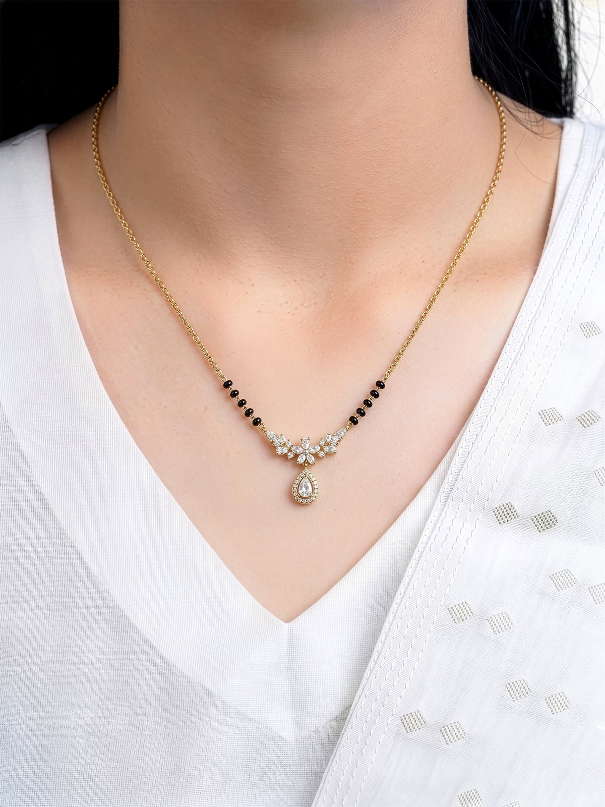 Varmika Bloom TearDrop Diamond Solitaire 18K Gold Plated Women's Chain Pendant Mangalsutra Necklace