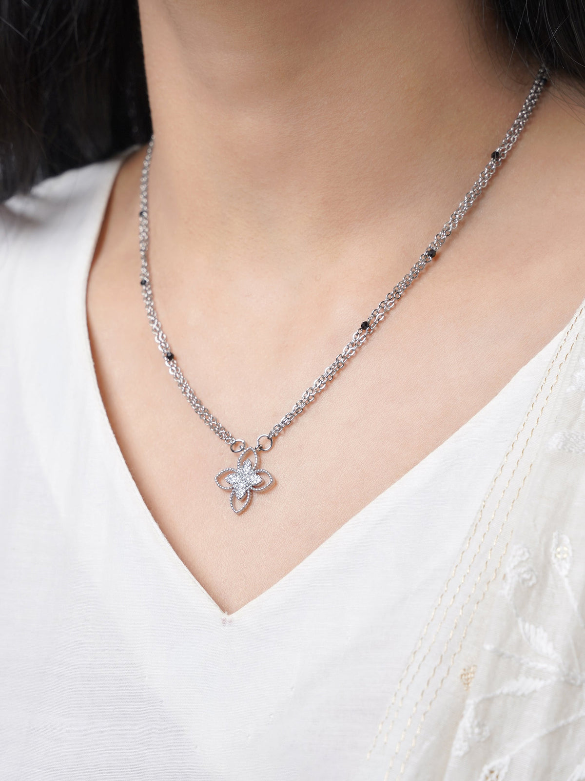 Verona Double Layered Flower Diamond Charm Silver Pendant Mangalsutra