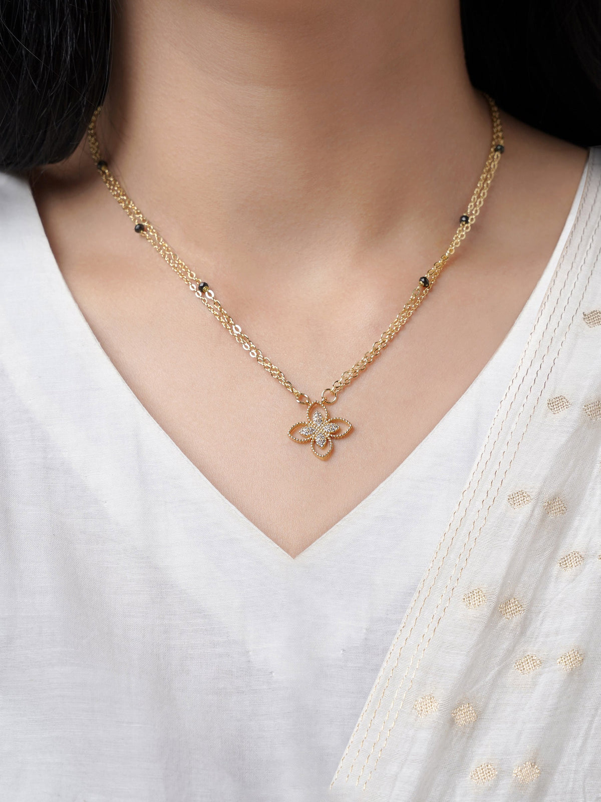 Verona Double Layered Flower Diamond Charm 14K Gold Plated Mangalsutra